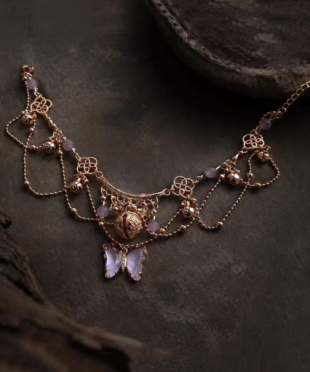 Vintage Purple Butterfly Alloy Bell Tassel Anklets