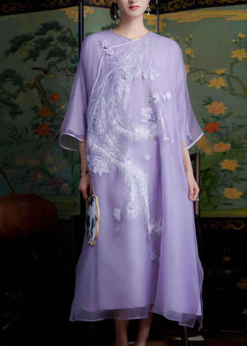 Vintage Purple Embroidered Silk Oriental Dress Summer