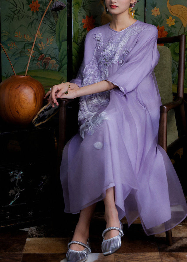 Vintage Purple Embroidered Silk Oriental Dress Summer
