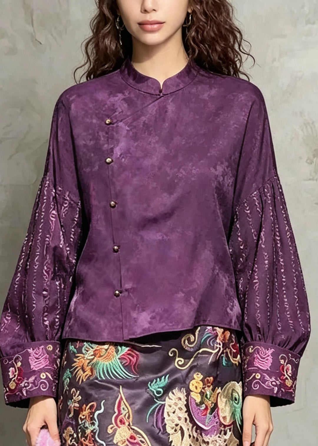 Vintage Purple Embroidered Silk Two Piece Set Women Clothing Fall