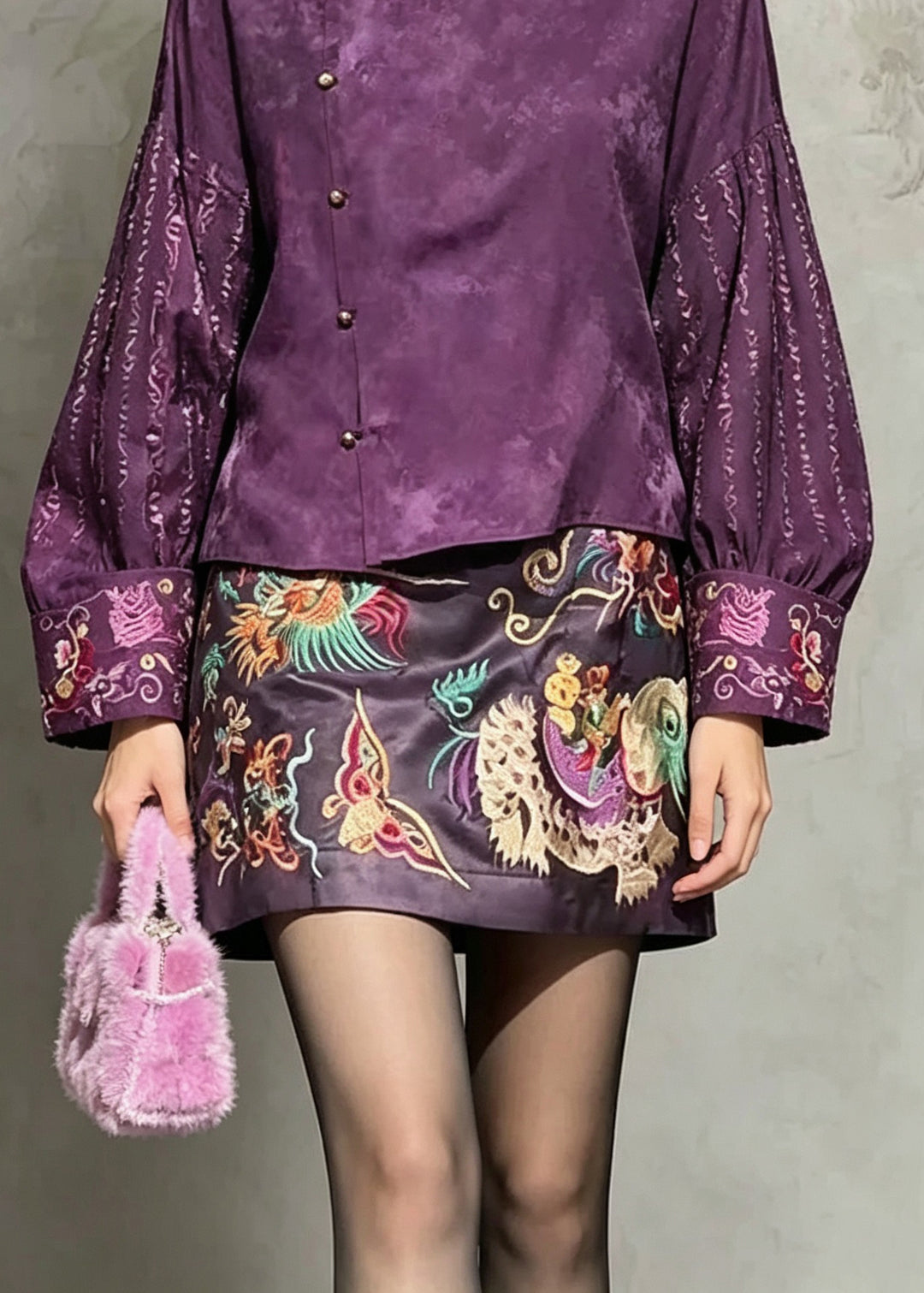 Vintage Purple Embroidered Silk Two Piece Set Women Clothing Fall