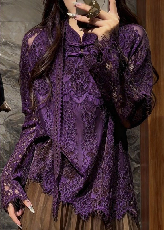 Vintage Purple Mandarin Collar Hollow Out Lace Blouses Spring