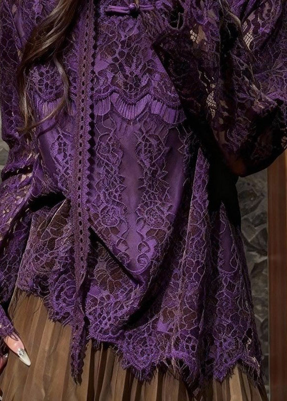 Vintage Purple Mandarin Collar Hollow Out Lace Blouses Spring