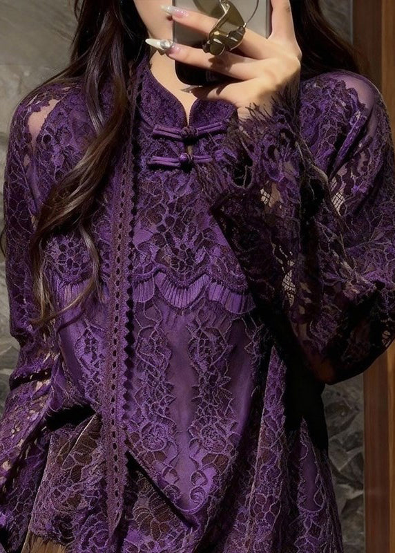 Vintage Purple Mandarin Collar Hollow Out Lace Blouses Spring
