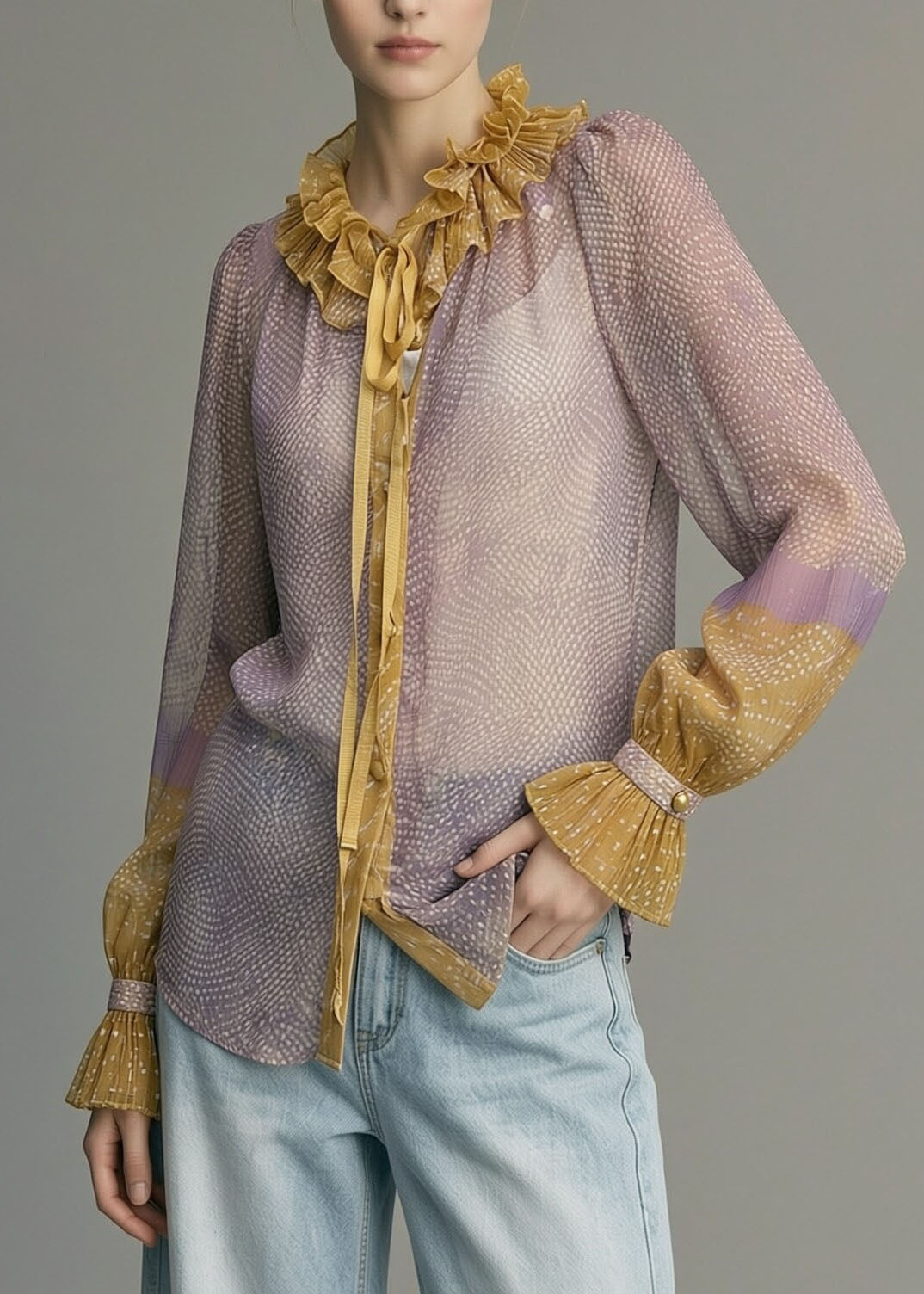 Vintage Purple O-Neck Lace Up Ruffled Chiffon Shirts Long Sleeve
