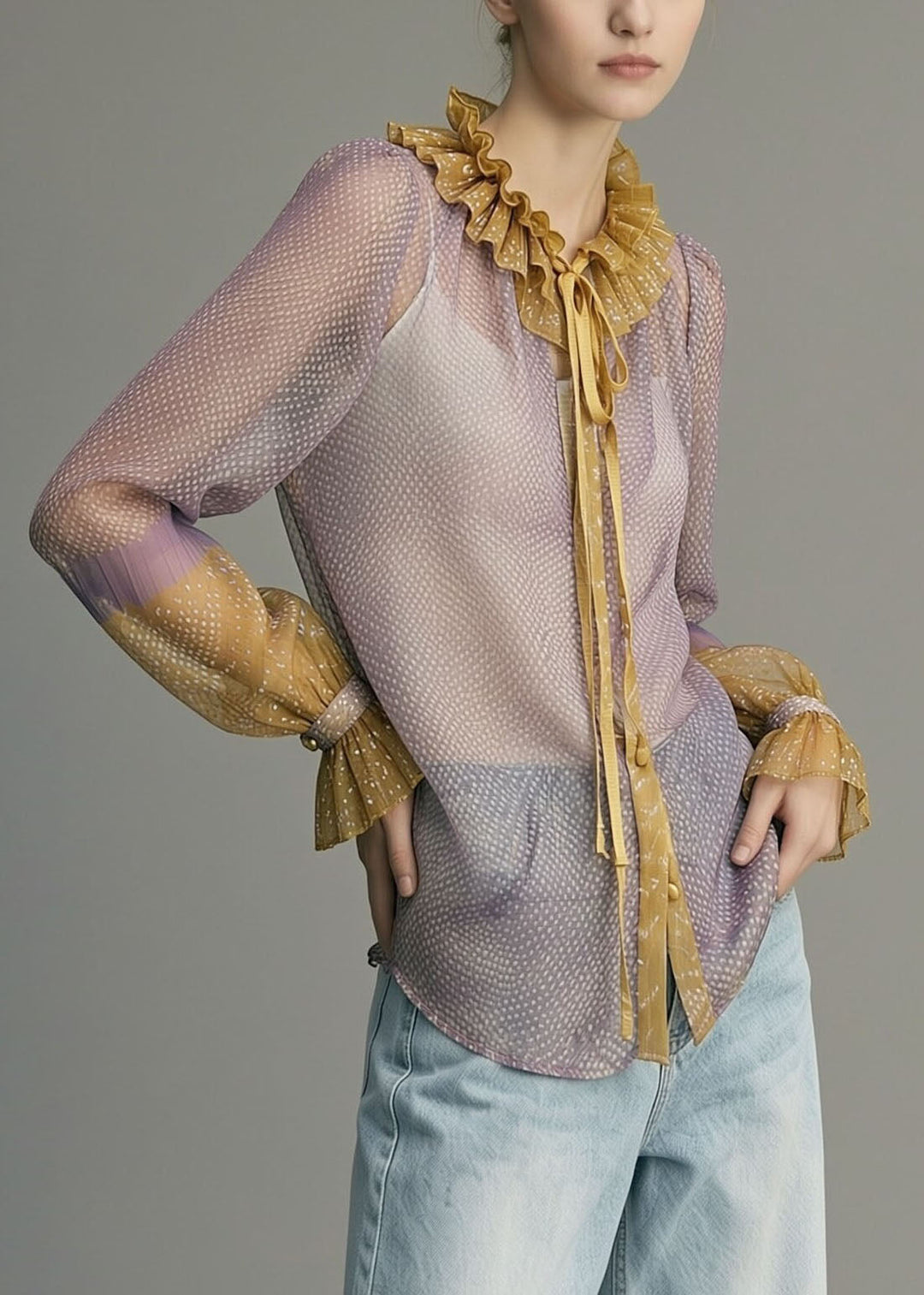 Vintage Purple O-Neck Lace Up Ruffled Chiffon Shirts Long Sleeve