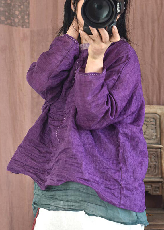 Vintage Purple O-Neck Wrinkled Linen Shirt Spring