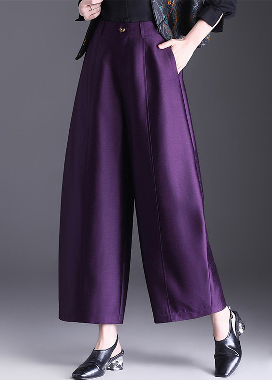 Vintage Purple Pockets High Waist Wide Leg Crop Pants Fall