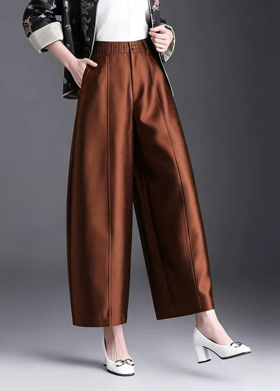 Vintage Purple Pockets High Waist Wide Leg Crop Pants Fall