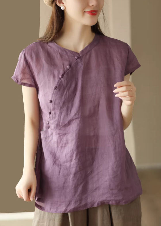 Vintage Purple Stand Collar Button Linen Shirts Summer