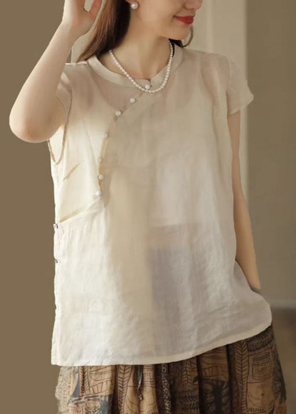 Vintage Purple Stand Collar Button Linen Shirts Summer