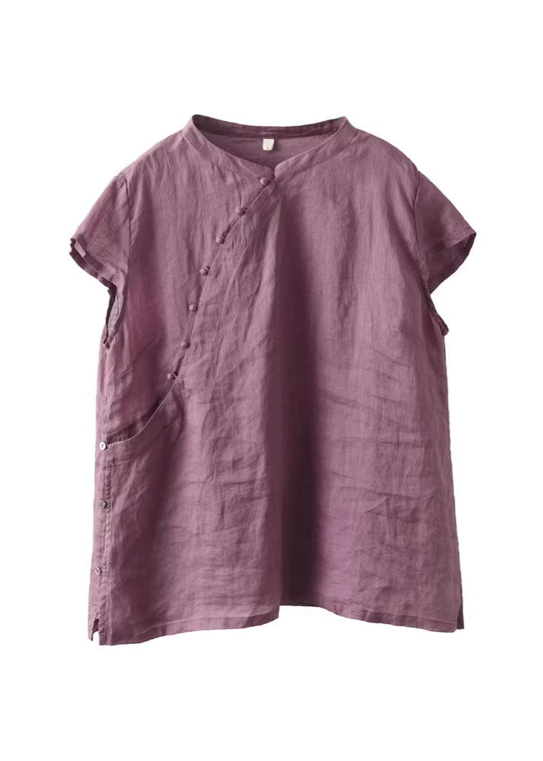 Vintage Purple Stand Collar Button Linen Shirts Summer
