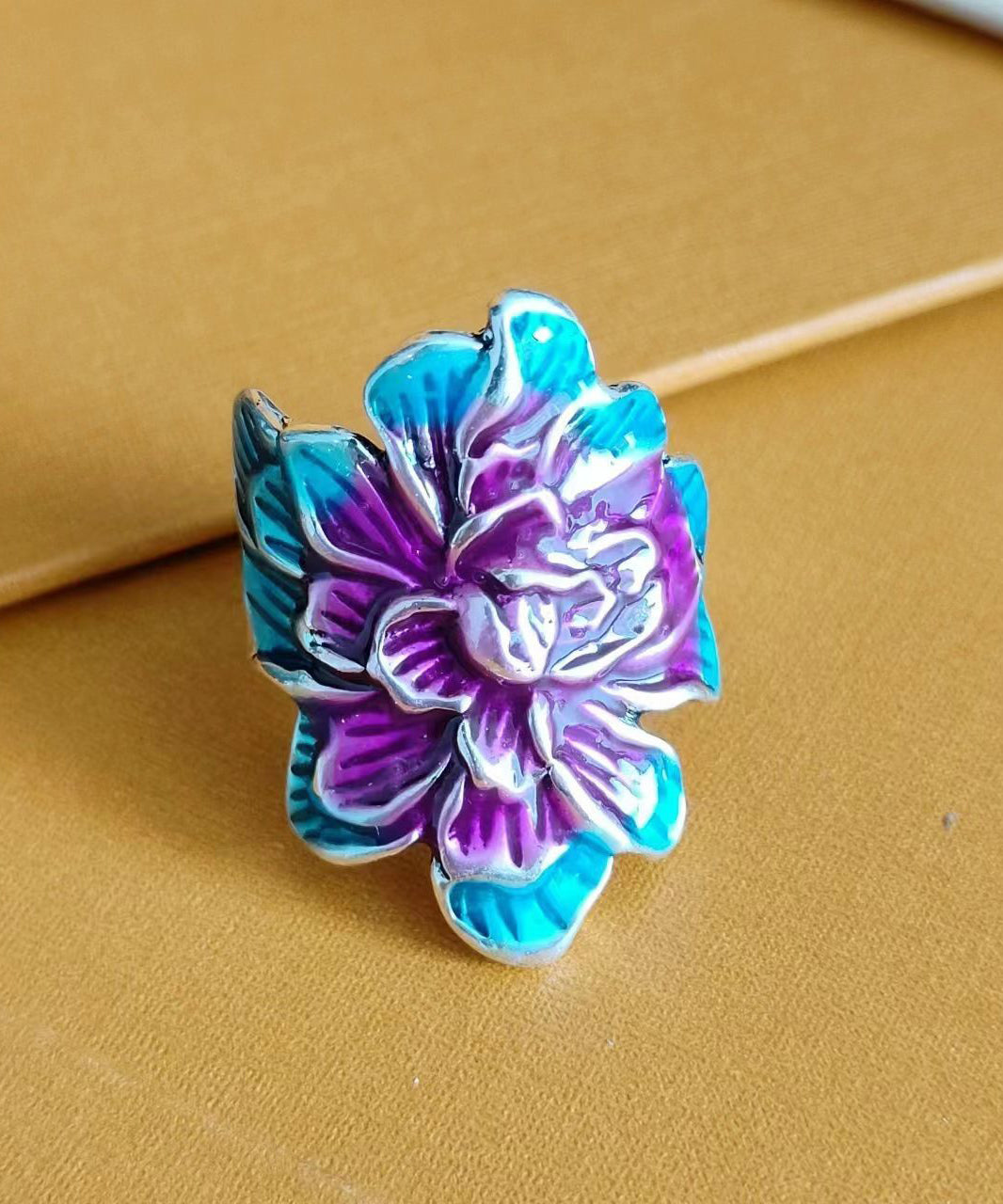 Vintage Purple Sterling Silver Cloisonne Peony Rings