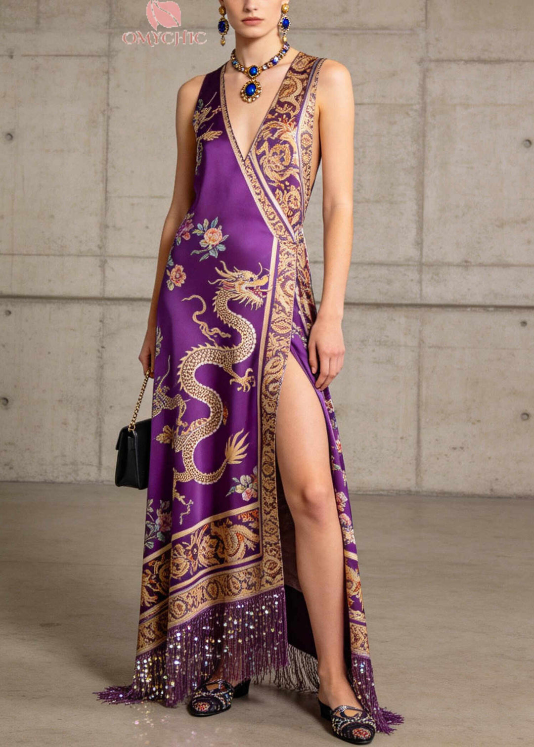 Vintage Purple Tasseled Side Open Silk Maxi Dress Summer