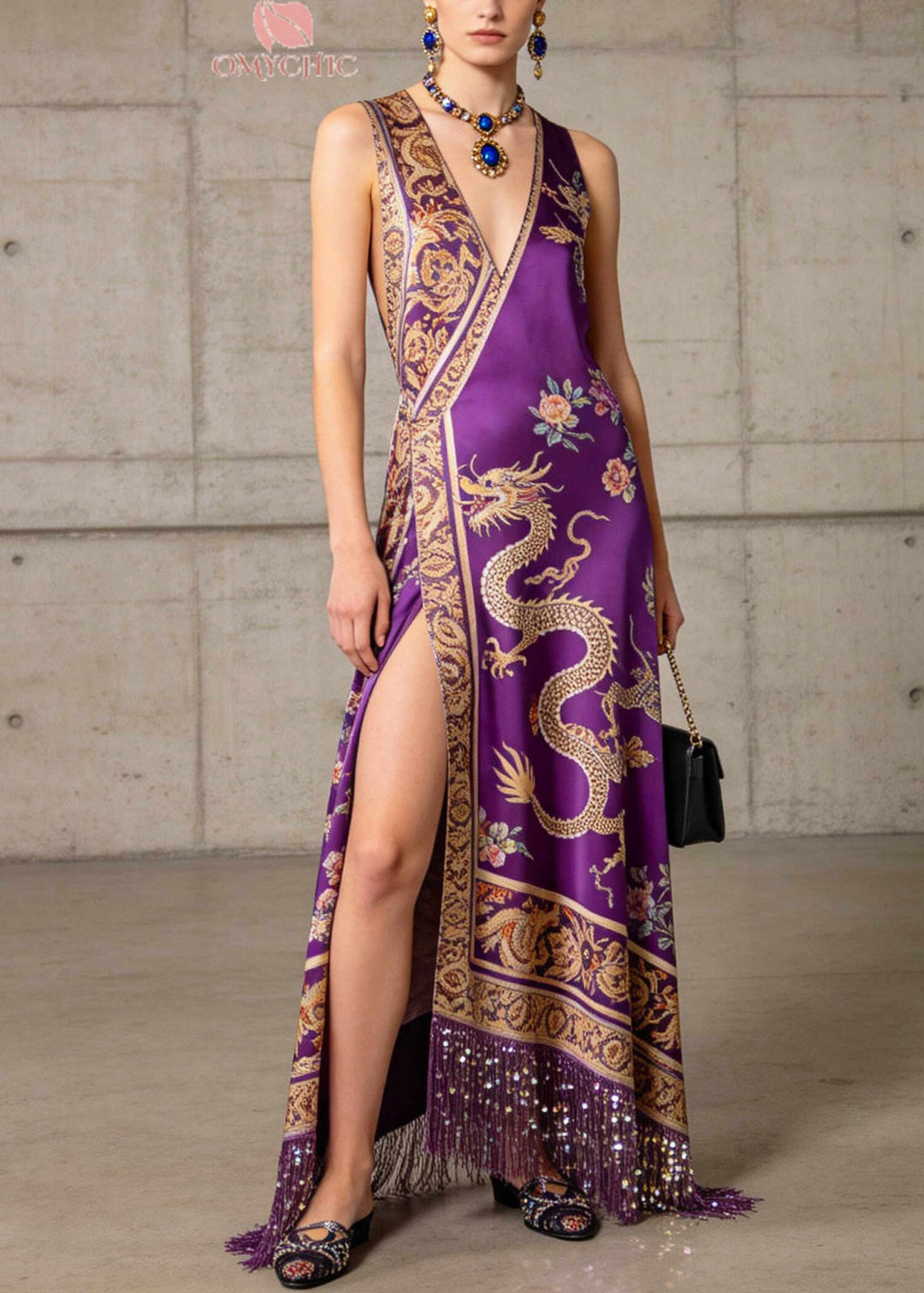 Vintage Purple Tasseled Side Open Silk Maxi Dress Summer