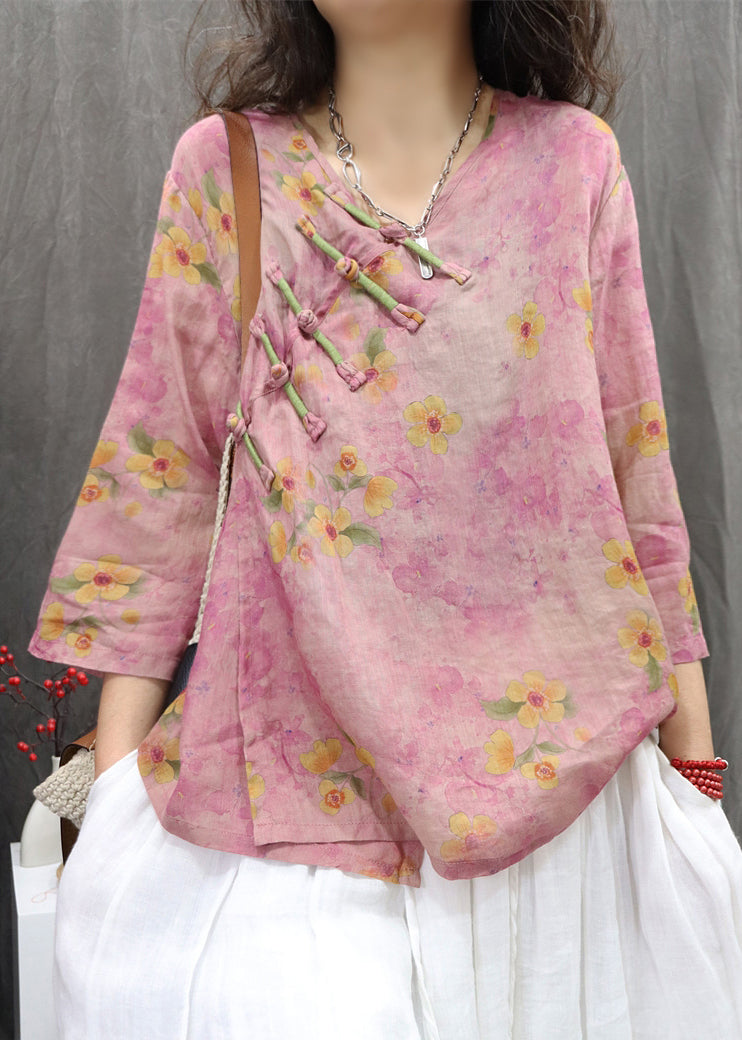 Vintage Purple V Neck Chinese Button Linen Shirt Spring