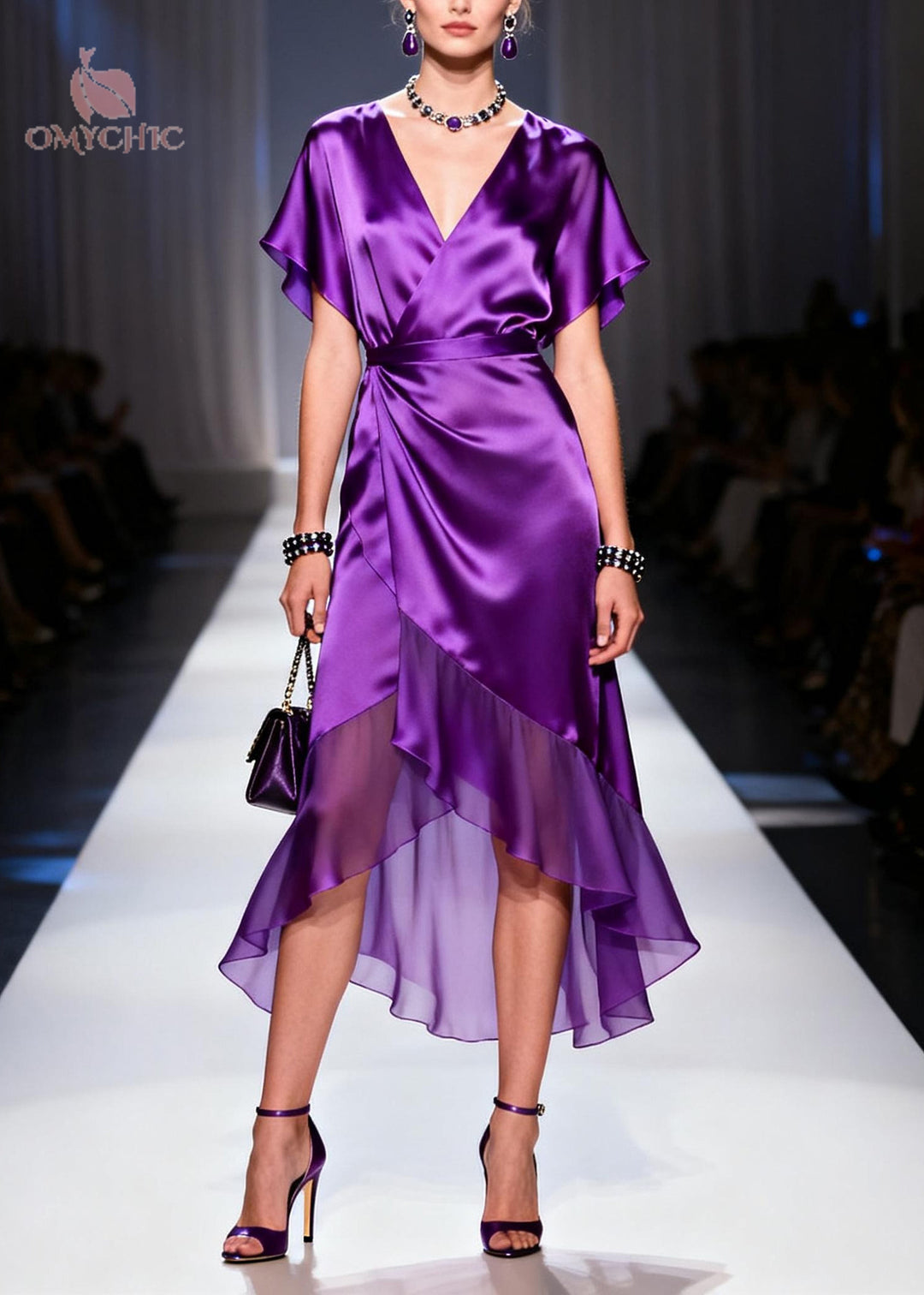 Vintage Purple V Neck Patchwork Chiffon Dresses Summer