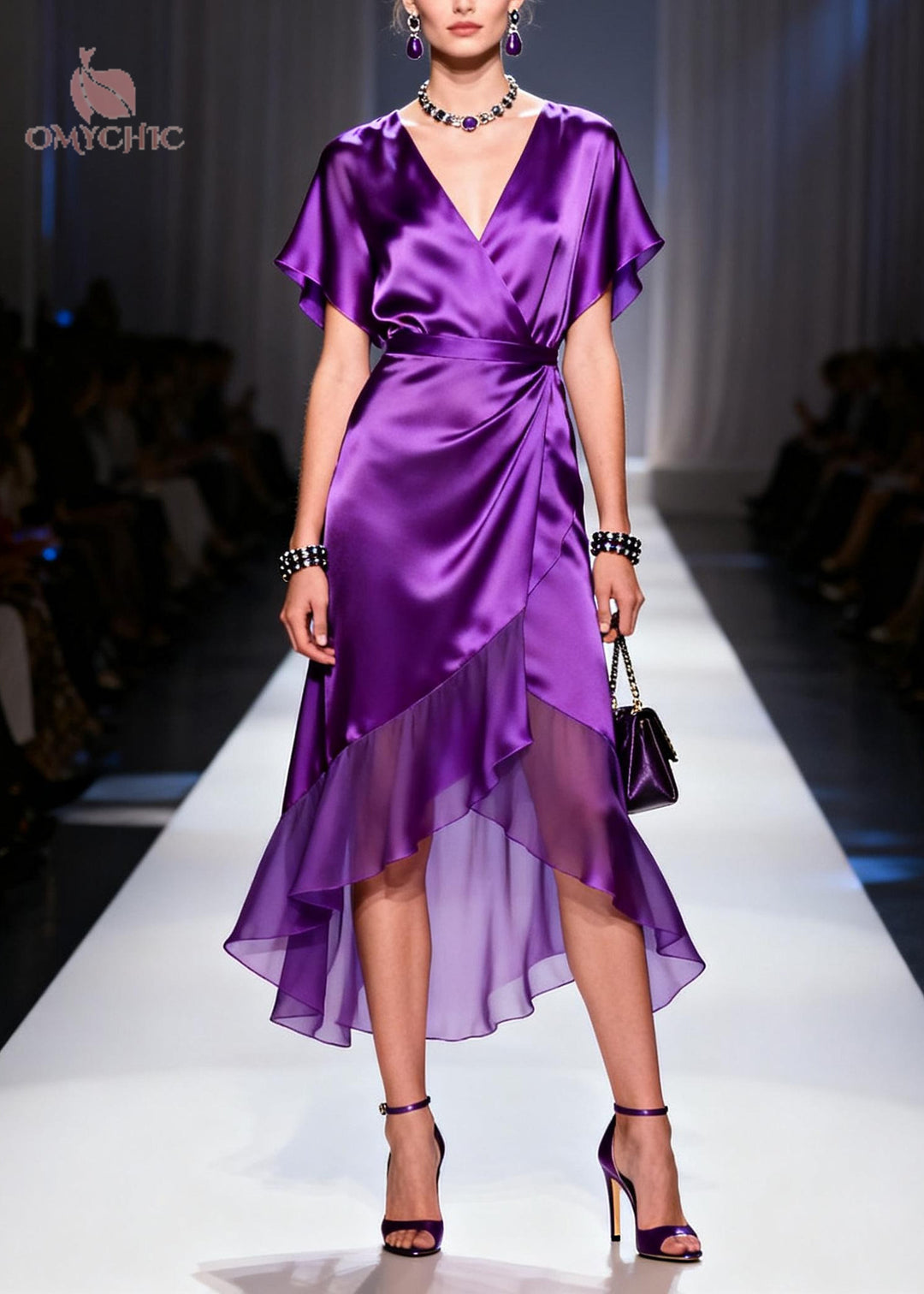 Vintage Purple V Neck Patchwork Chiffon Dresses Summer