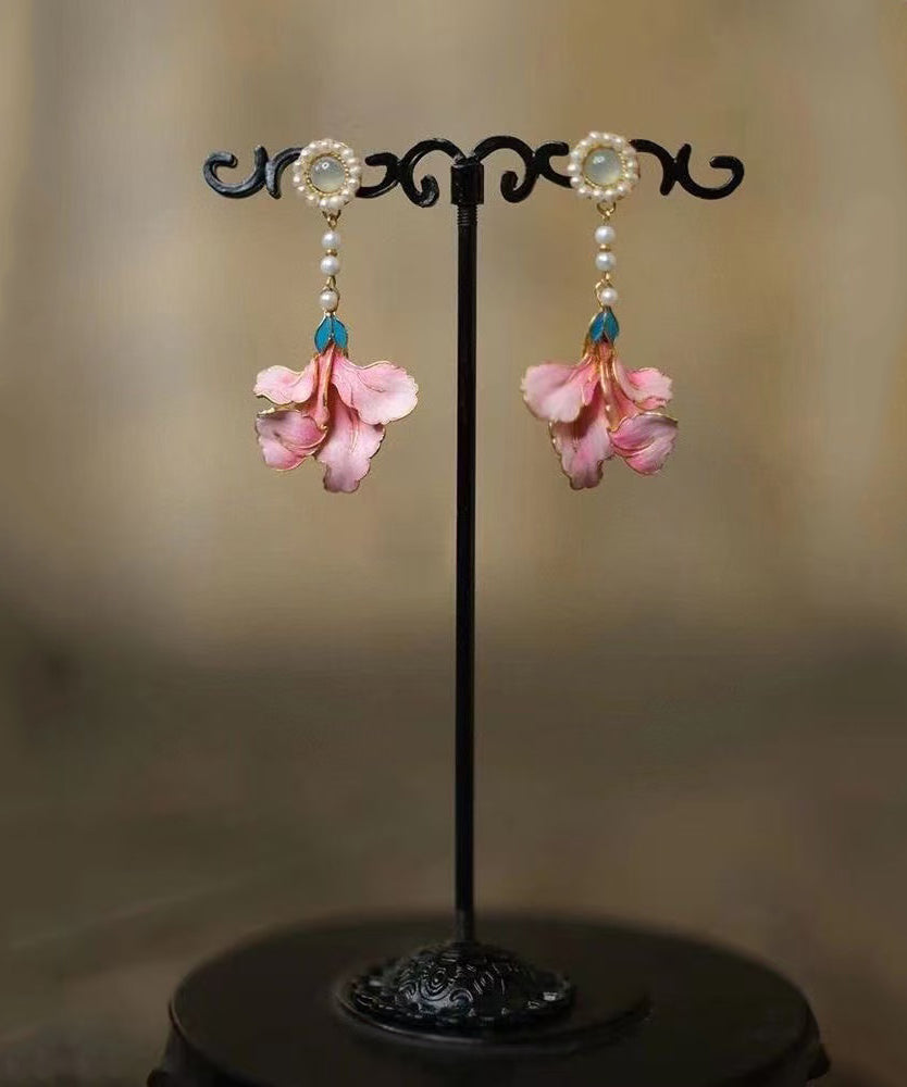 Vintage Rainbow Alloy Pearl Peony Enameling Tassel Drop Earrings