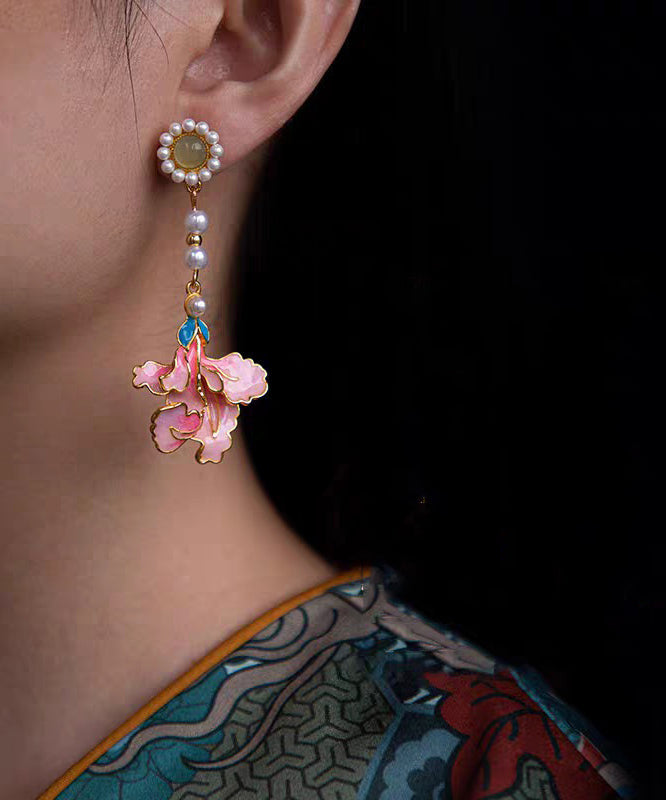 Vintage Rainbow Alloy Pearl Peony Enameling Tassel Drop Earrings