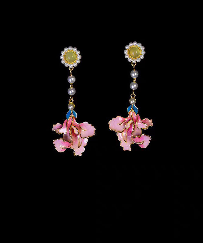 Vintage Rainbow Alloy Pearl Peony Enameling Tassel Drop Earrings