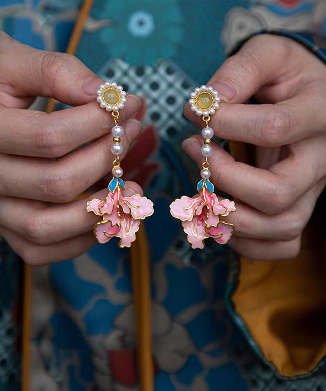 Vintage Rainbow Alloy Pearl Peony Enameling Tassel Drop Earrings