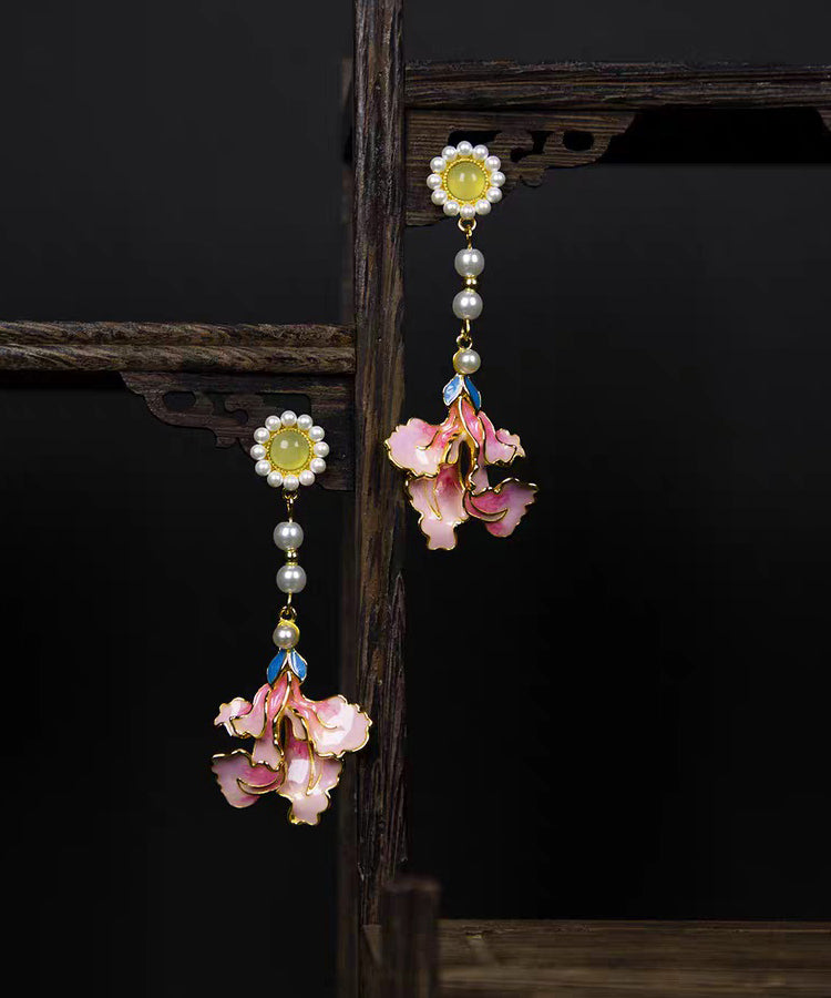 Vintage Rainbow Alloy Pearl Peony Enameling Tassel Drop Earrings