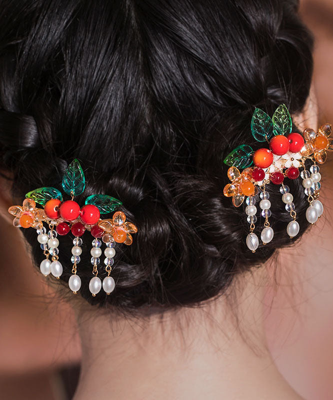 Vintage Rainbow Copper Overgild Pearl Hawthorn Leaf Tassel A Pair Hairpin