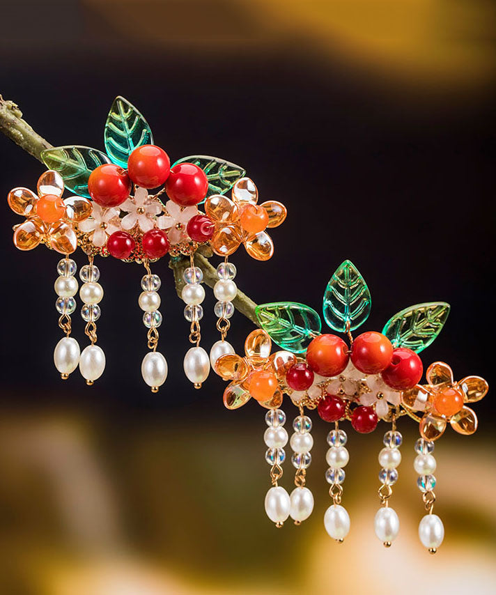 Vintage Rainbow Copper Overgild Pearl Hawthorn Leaf Tassel A Pair Hairpin