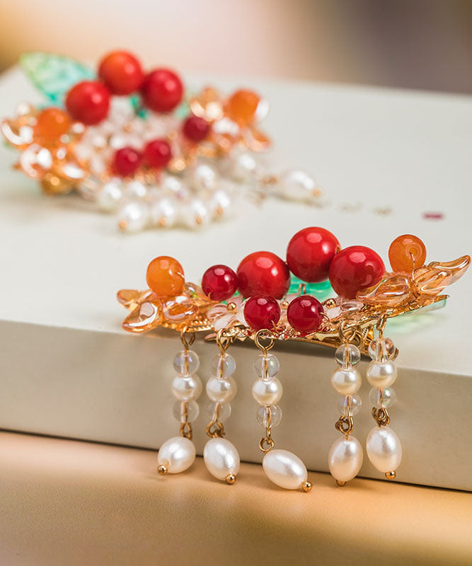 Vintage Rainbow Copper Overgild Pearl Hawthorn Leaf Tassel A Pair Hairpin