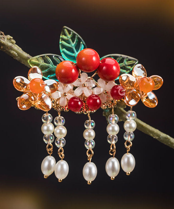 Vintage Rainbow Copper Overgild Pearl Hawthorn Leaf Tassel A Pair Hairpin