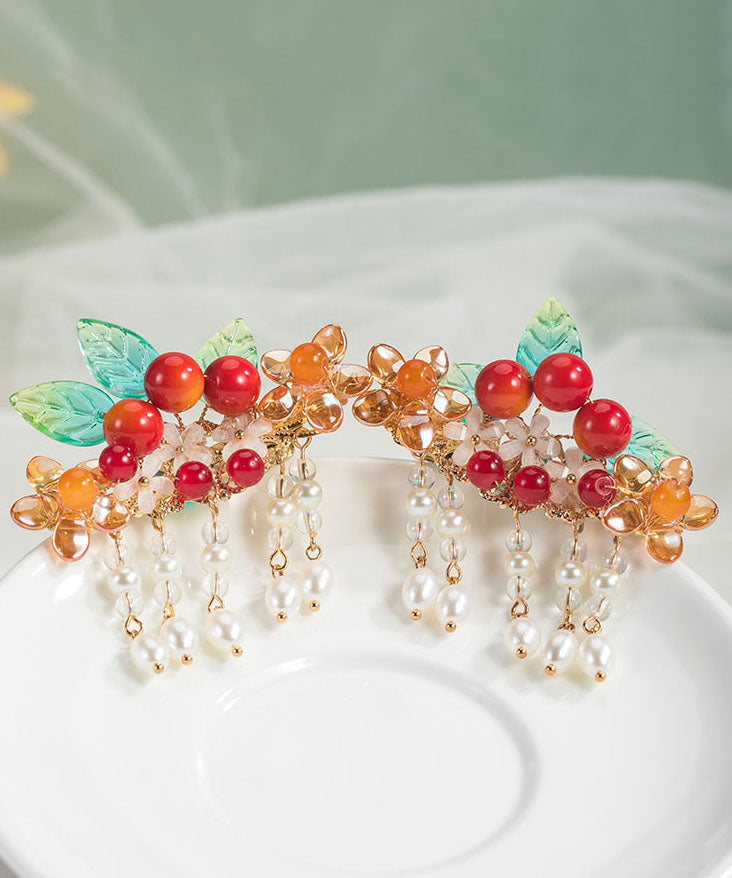 Vintage Rainbow Copper Overgild Pearl Hawthorn Leaf Tassel A Pair Hairpin