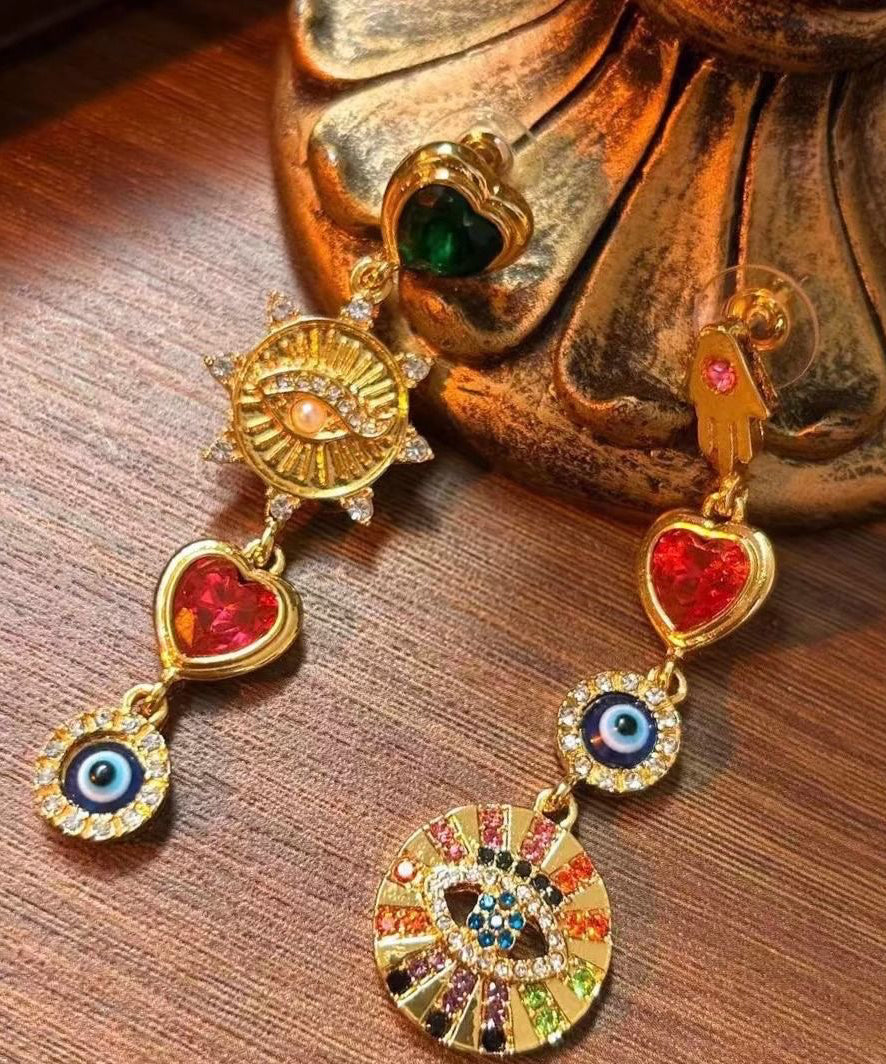 Vintage Rainbow Sterling Silver Overgild Zircon Asymmetrical Drip Glazed Enamel Drop Earrings