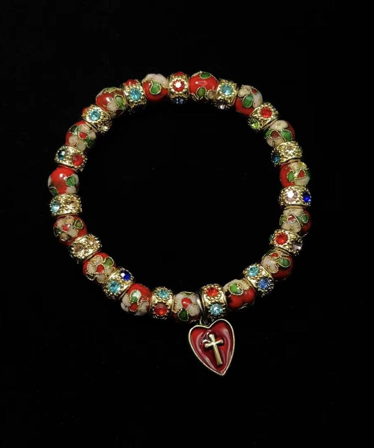 Vintage Red Acrylic Stringing Beads Zircon Alloy Charm Bracelet - Omychic