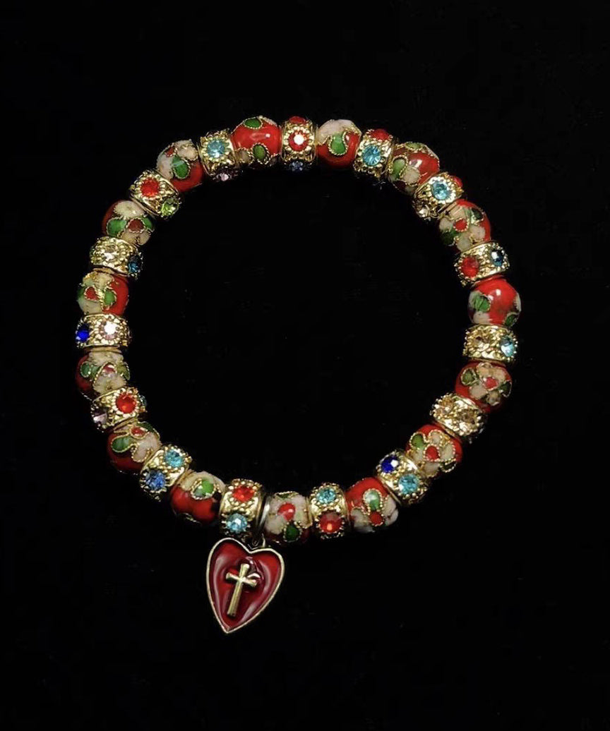 Vintage Red Acrylic Stringing Beads Zircon Alloy Charm Bracelet - Omychic