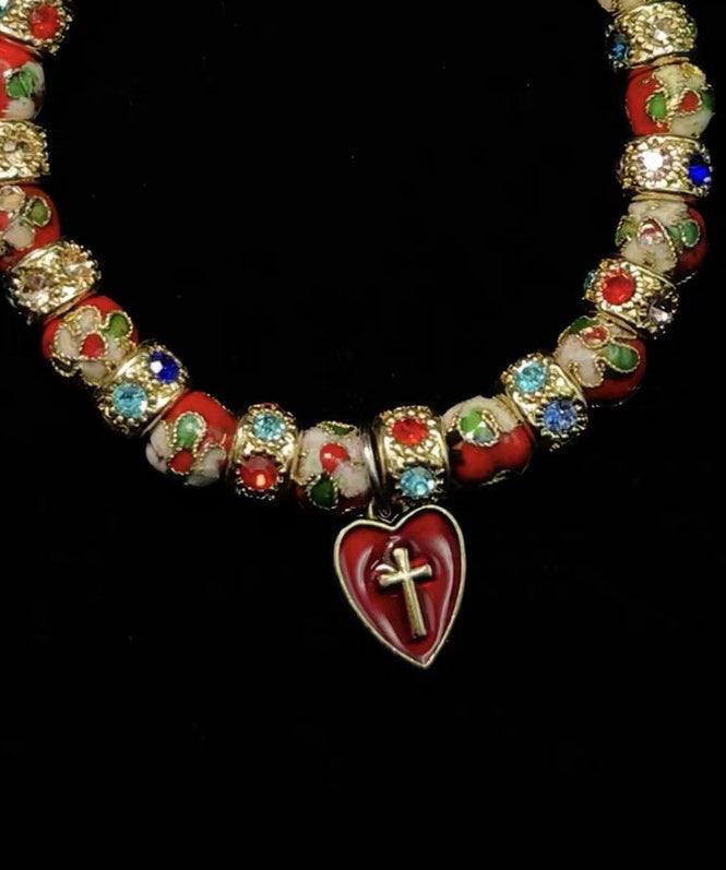 Vintage Red Acrylic Stringing Beads Zircon Alloy Charm Bracelet - Omychic