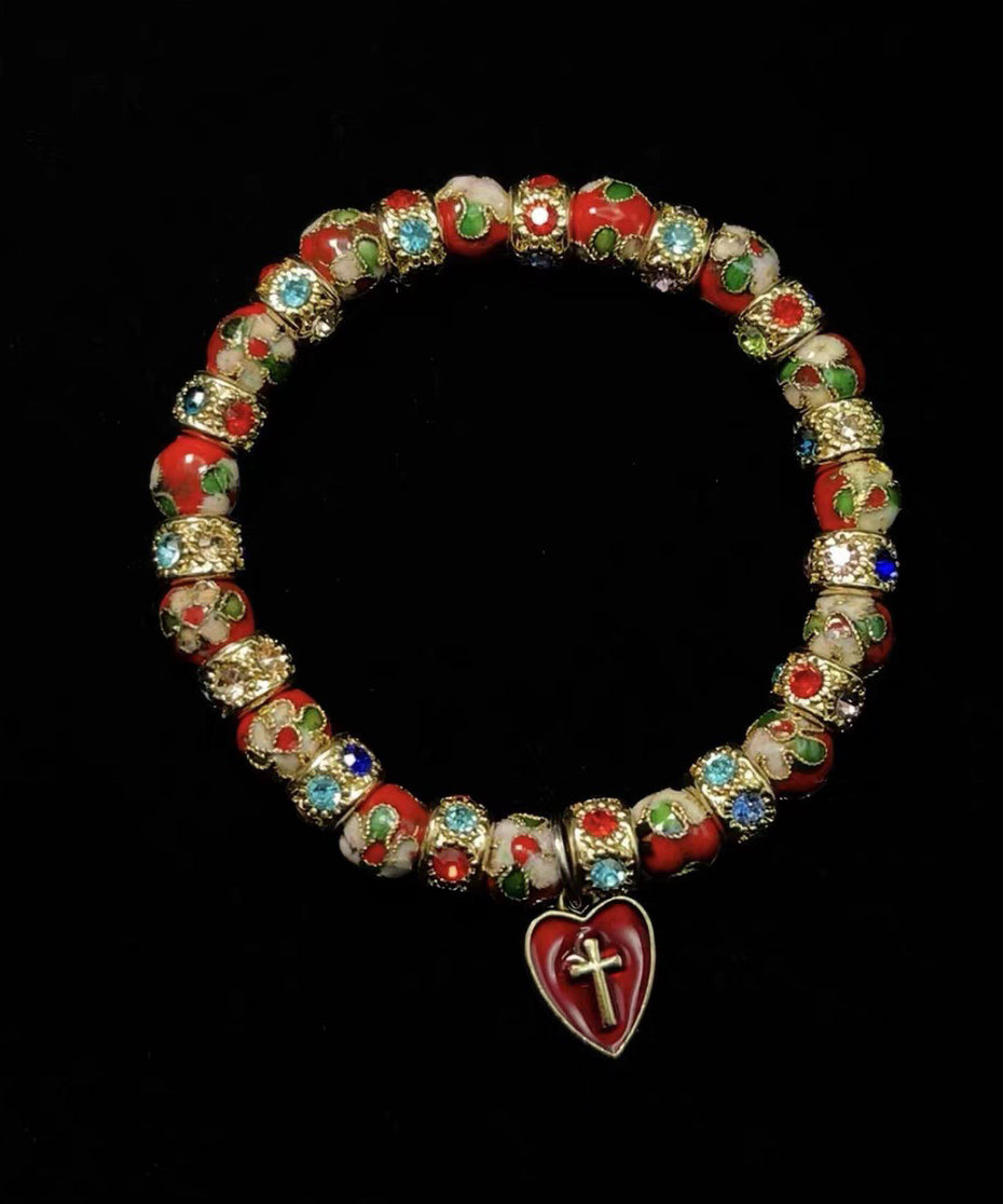 Vintage Red Acrylic Stringing Beads Zircon Alloy Charm Bracelet - Omychic