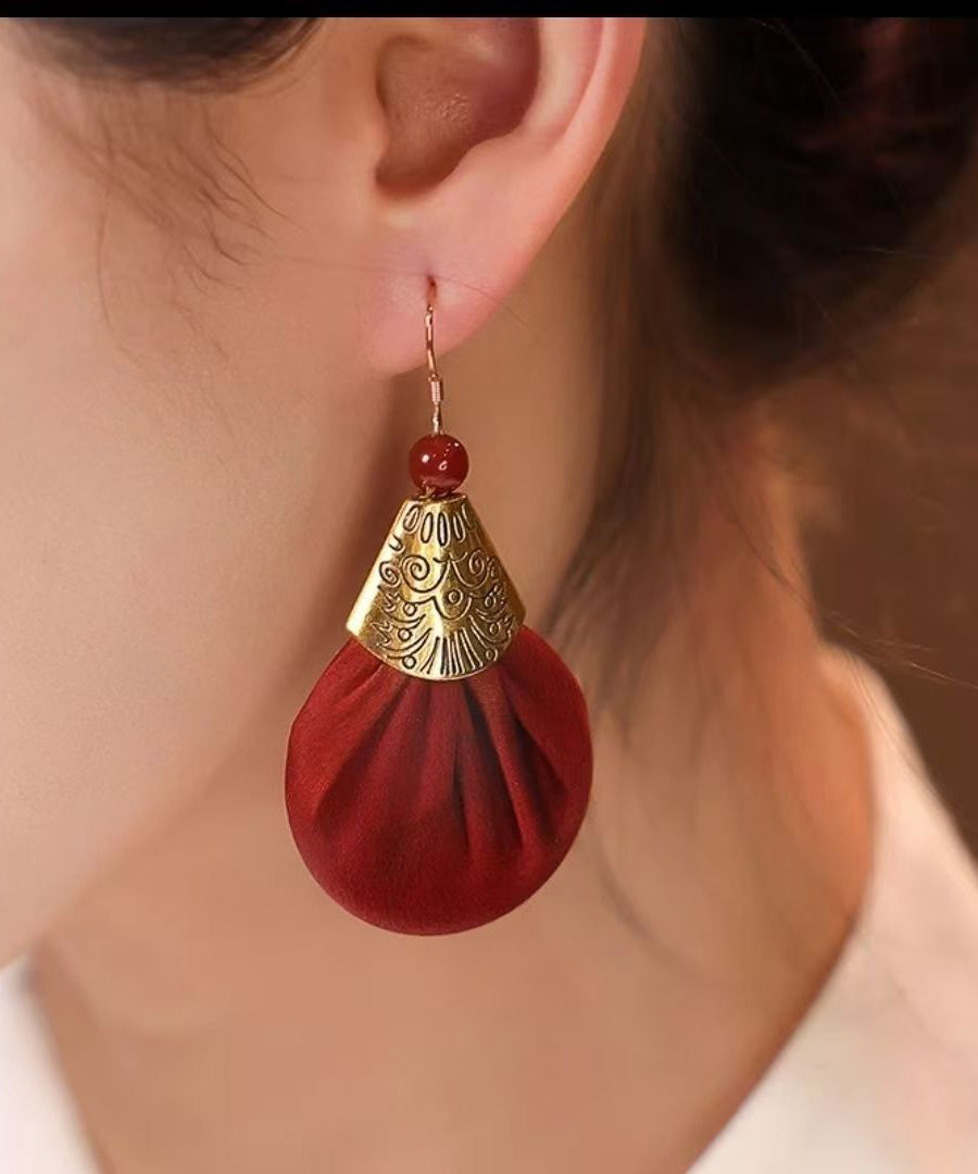 Vintage Red Ancient Gold Fabric Agate Drop Earrings