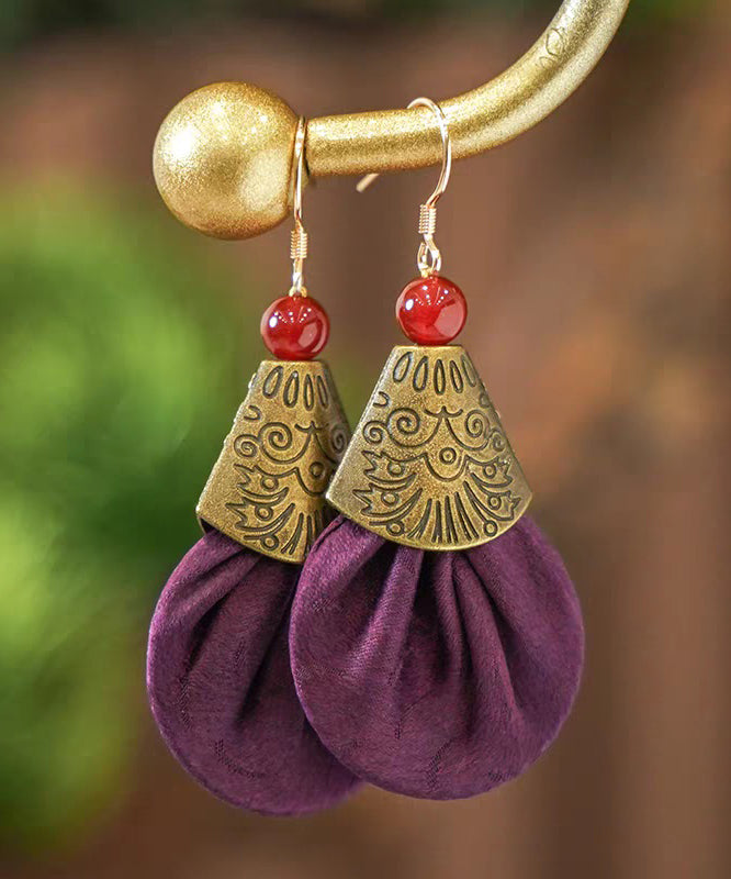 Vintage Red Ancient Gold Fabric Agate Drop Earrings
