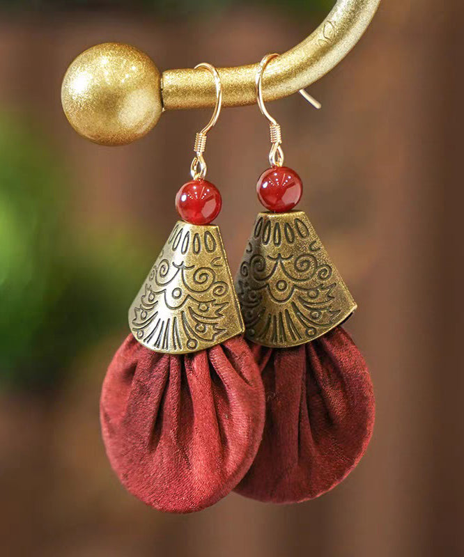 Vintage Red Ancient Gold Fabric Agate Drop Earrings