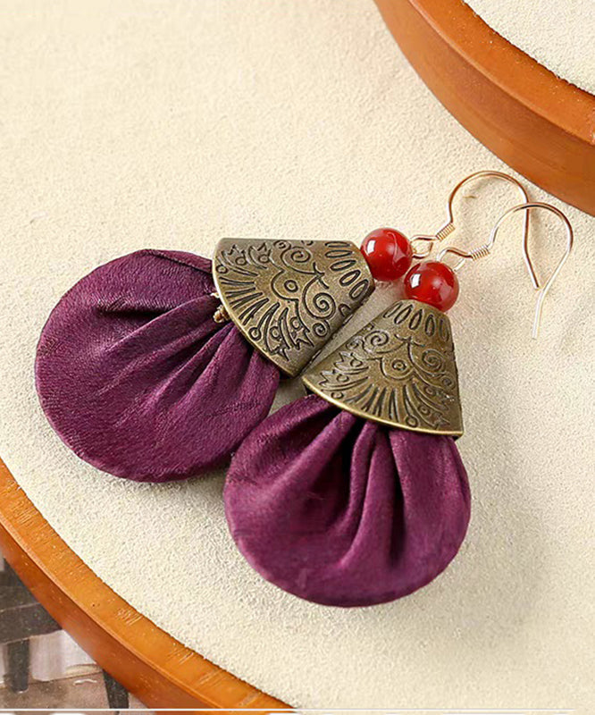 Vintage Red Ancient Gold Fabric Agate Drop Earrings