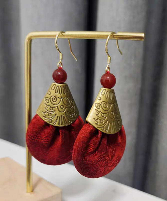 Vintage Red Ancient Gold Fabric Agate Drop Earrings