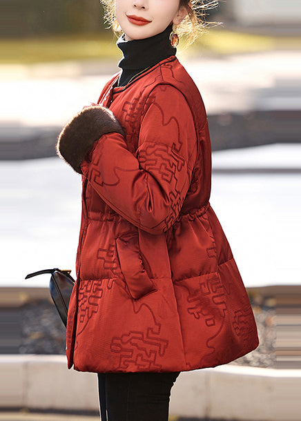 Vintage Red Cinched Print Duck Down Puffer Jacket Winter