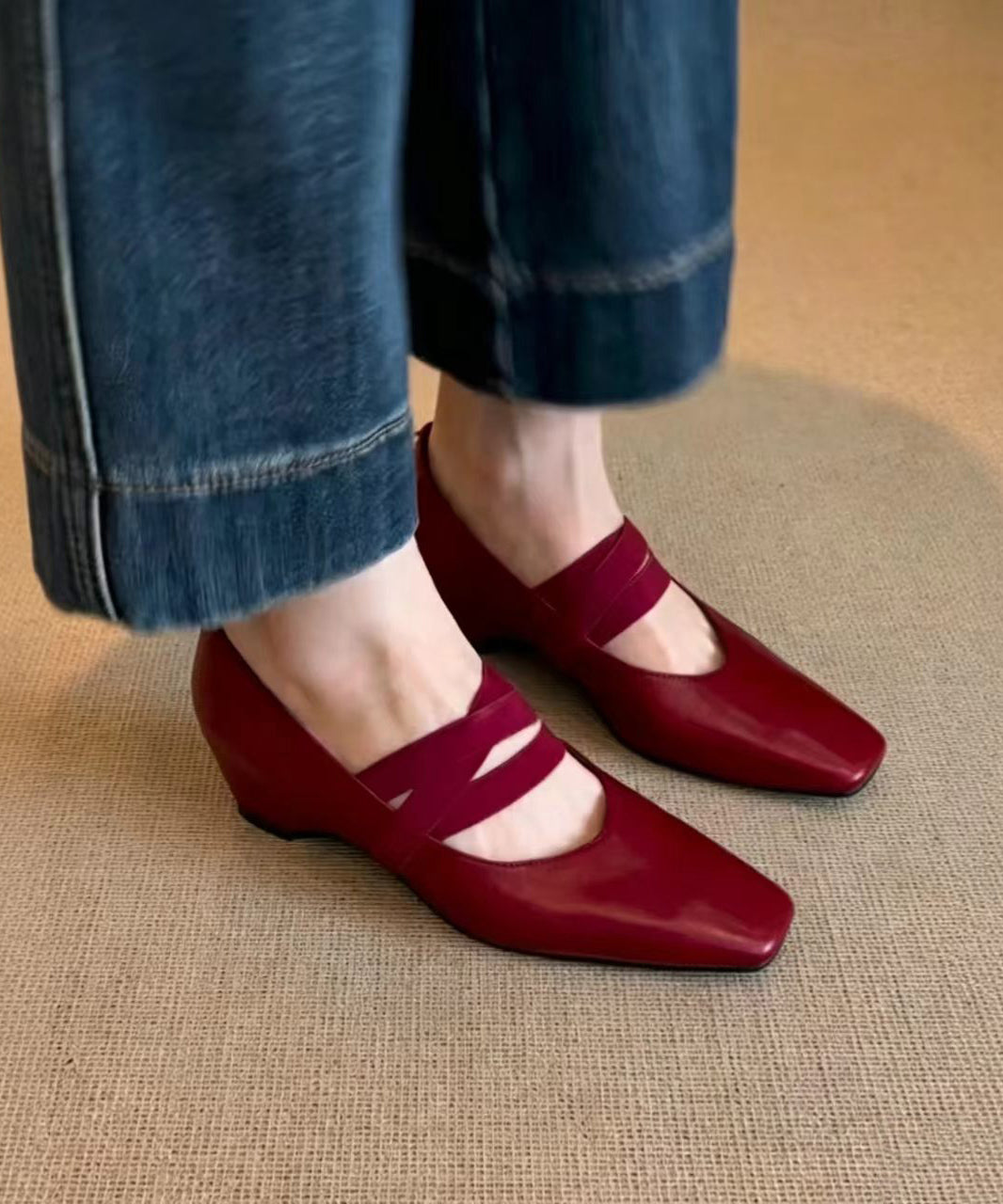 Vintage Red Cross Strap Faux Leather Wedge Heels