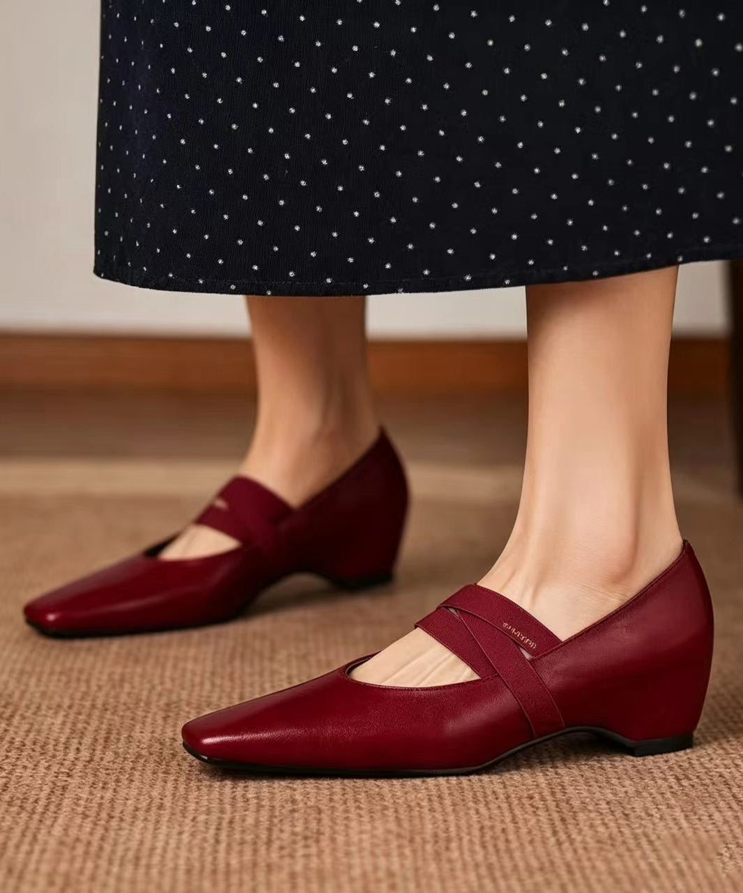 Vintage Red Cross Strap Faux Leather Wedge Heels
