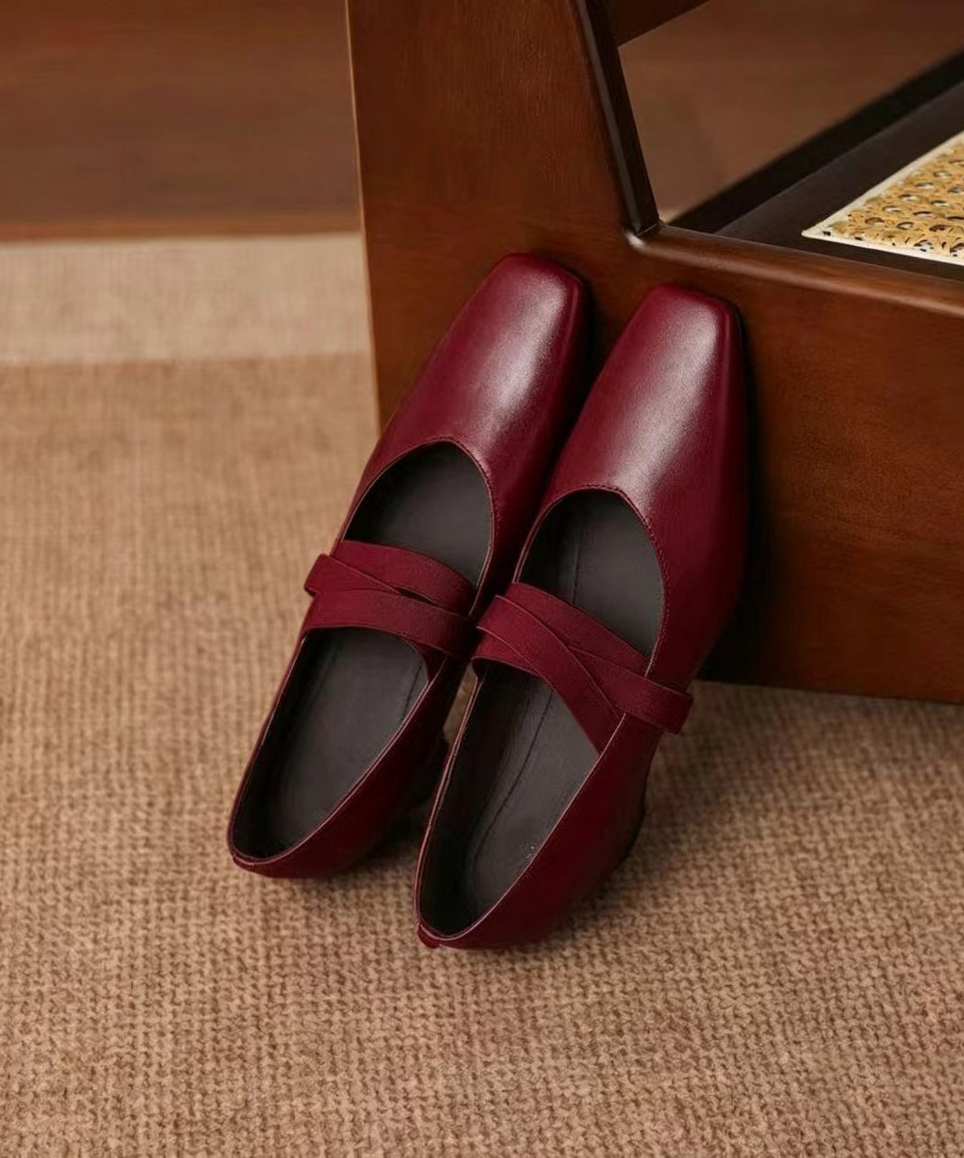 Vintage Red Cross Strap Faux Leather Wedge Heels