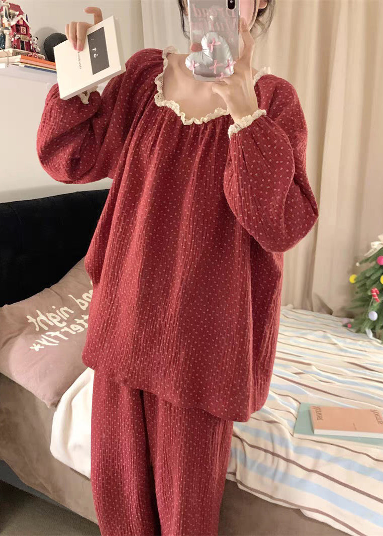 Vintage Red Dot Lace Patchwork Cotton Pajamas Two Pieces Set Fall