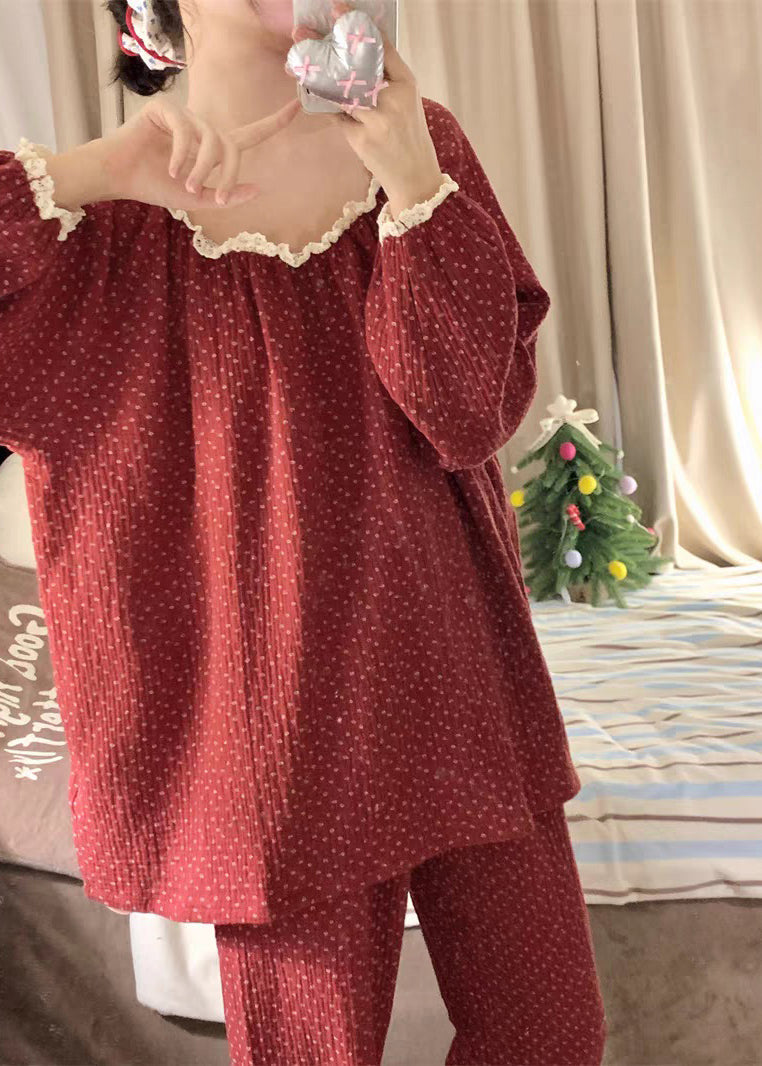 Vintage Red Dot Lace Patchwork Cotton Pajamas Two Pieces Set Fall
