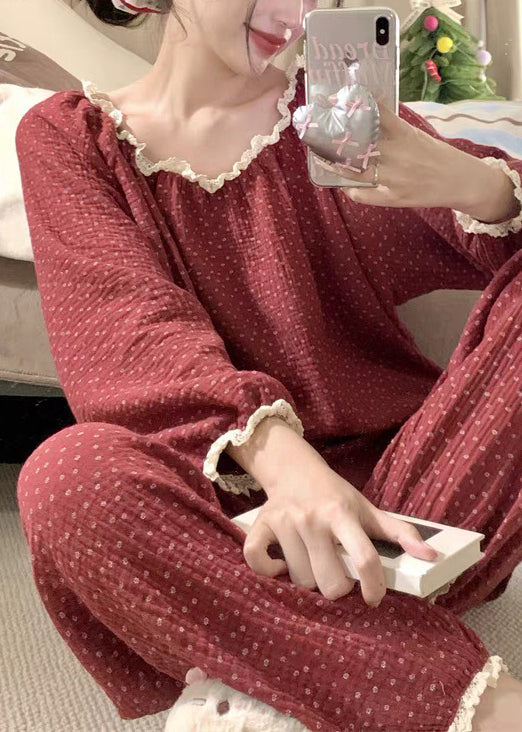 Vintage Red Dot Lace Patchwork Cotton Pajamas Two Pieces Set Fall
