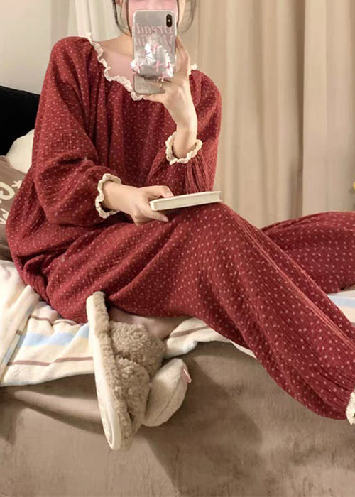 Vintage Red Dot Lace Patchwork Cotton Pajamas Two Pieces Set Fall